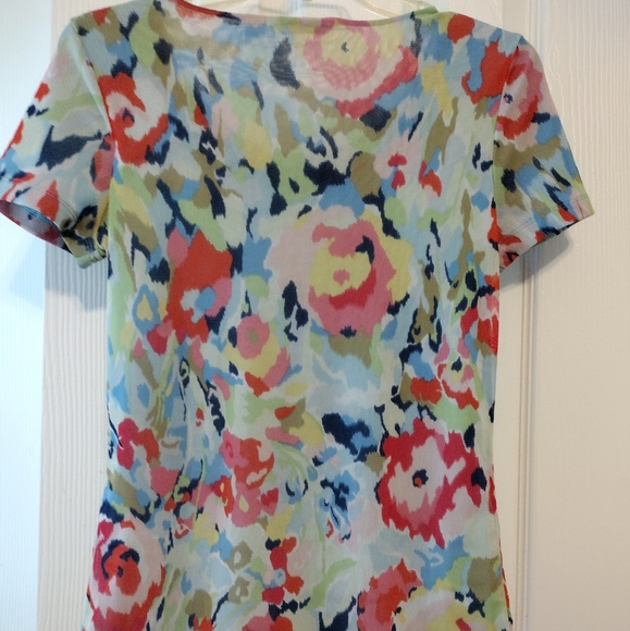 LIZ CLAIBORNE M ABSTRACT FLORAL CONTRASTING SCOOP NECK TOP - Picture 2 of 3